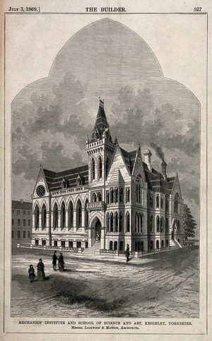 view The Mechanics' Institute and School of Science and Art, Keighley, Yorkshire. Wood engraving by W.E. Hodgkin after Lockwood and Mawson.