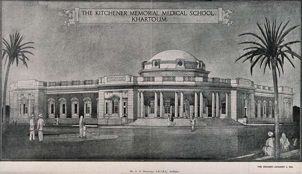 The Kitchener Memorial Medical School, Khartoum, Sudan. Process print, 1924, after G.B. Bridgman.