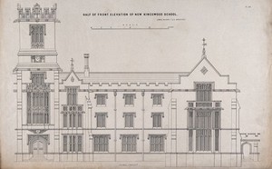 view Kingswood School, Surrey: front elevation. Transfer lithograph after J. Wilson.