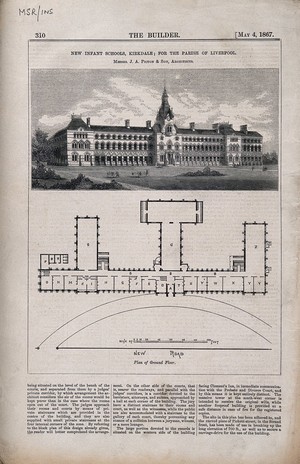 view New Infant Schools, Kirkdale, Lancashire: with floor plans. Wood engraving by W.G. Smith, 1867, after J.A. Picton & Son.