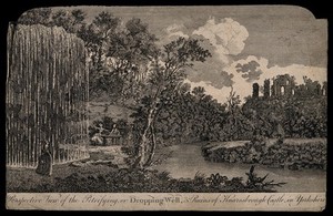 view The Dropping Well, Knaresborough, Yorkshire, with the ruins of Knaresborough Castle. Line engraving after T. Smith of Derby.