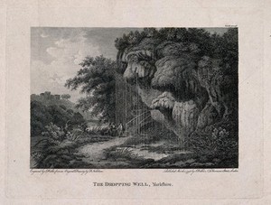 view The Dropping Well, Knaresborough, Yorkshire: with the ruins of Knaresborough Castle, and three visitors admiring the well. Line engraving by J. Walker, 1798, after F. Nicholson.