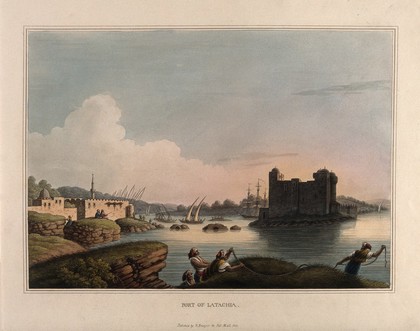 Port of Latakia (Latachia), Syria. Coloured aquatint by L. Mayer, 1810.