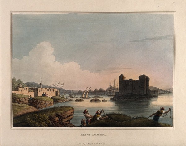 Port of Latakia (Latachia), Syria. Coloured aquatint by L. Mayer, 1810.