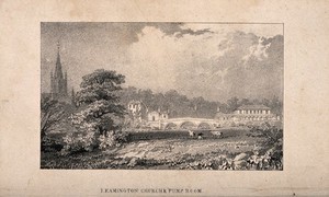 view Leamington Spa, Warwickshire: panoramic views of the church and pump room. Lithograph.