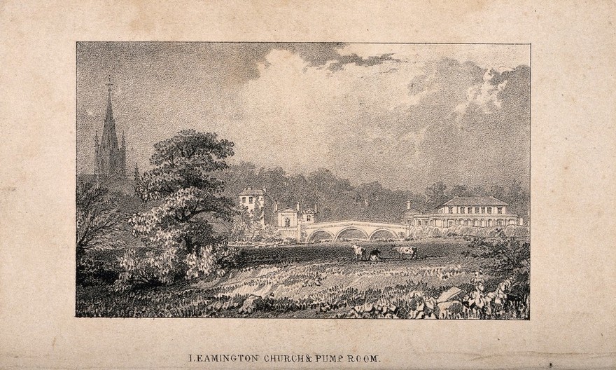 Leamington Spa, Warwickshire: panoramic views of the church and pump room. Lithograph.