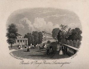 view Leamington Spa, Warwickshire: Parade and pump room. Steel engraving, 1857.