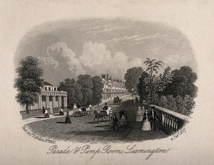 Leamington Spa, Warwickshire: Parade and pump room. Steel engraving, 1857.