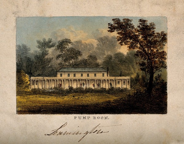 Leamington Spa, Warwickshire: pump room. Coloured lithograph.