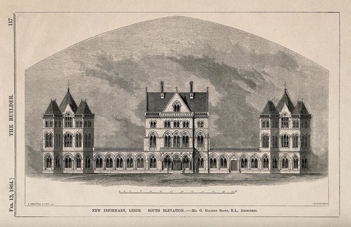 New Infirmary, Leeds, Yorkshire: panoramic view. Wood engraving by I.S. Heaviside, 1864, after J. D. Wyatt after G.G. Scott.