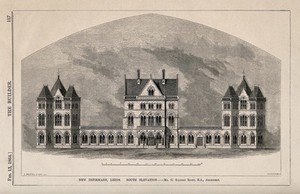 view New Infirmary, Leeds, Yorkshire: panoramic view. Wood engraving by I.S. Heaviside, 1864, after J. D. Wyatt after G.G. Scott.