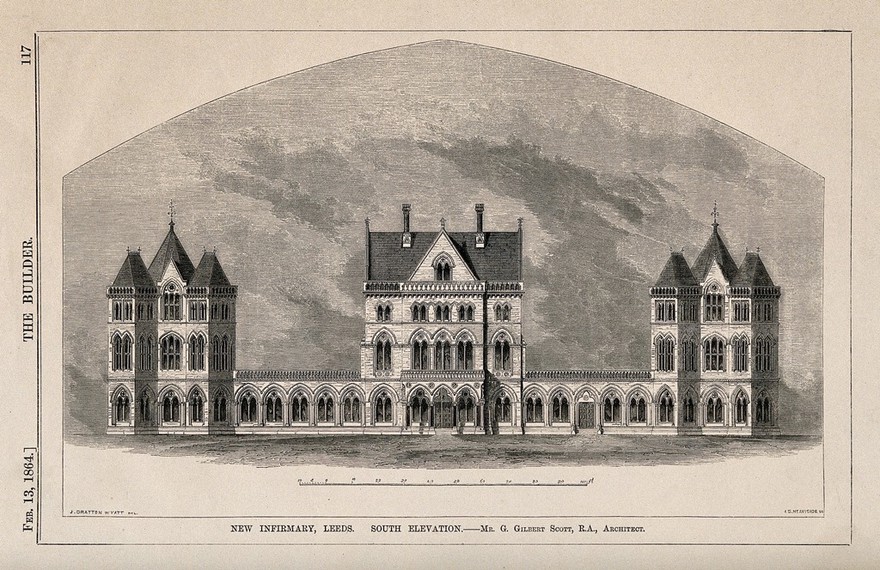 New Infirmary, Leeds, Yorkshire: panoramic view. Wood engraving by I.S. Heaviside, 1864, after J. D. Wyatt after G.G. Scott.