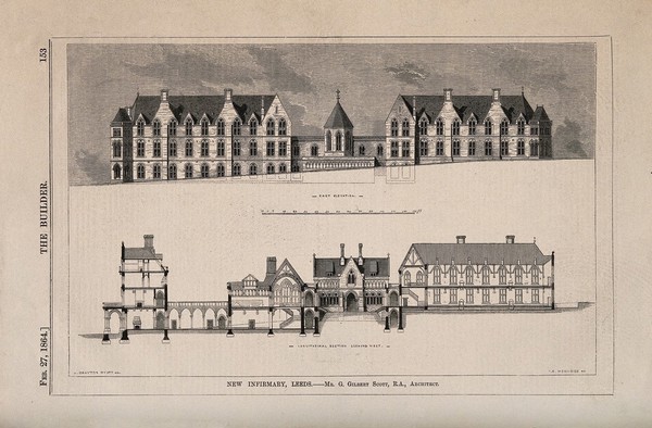 New Infirmary, Leeds, Yorkshire: with architectural designs. Wood engraving by I.S. Heaviside, 1864, after J. Drayton Wyatt after G.G. Scott.