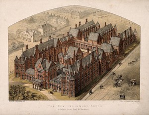 view New Infirmary, Leeds, Yorkshire: bird's-eye view. Coloured lithograph after G.G. Scott [1864].