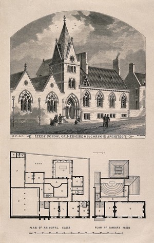 view Leeds School of Medicine, Yorkshire: with a floor plan. Wood engraving by W.E. Hodgkin, 1865, after G. Corson.