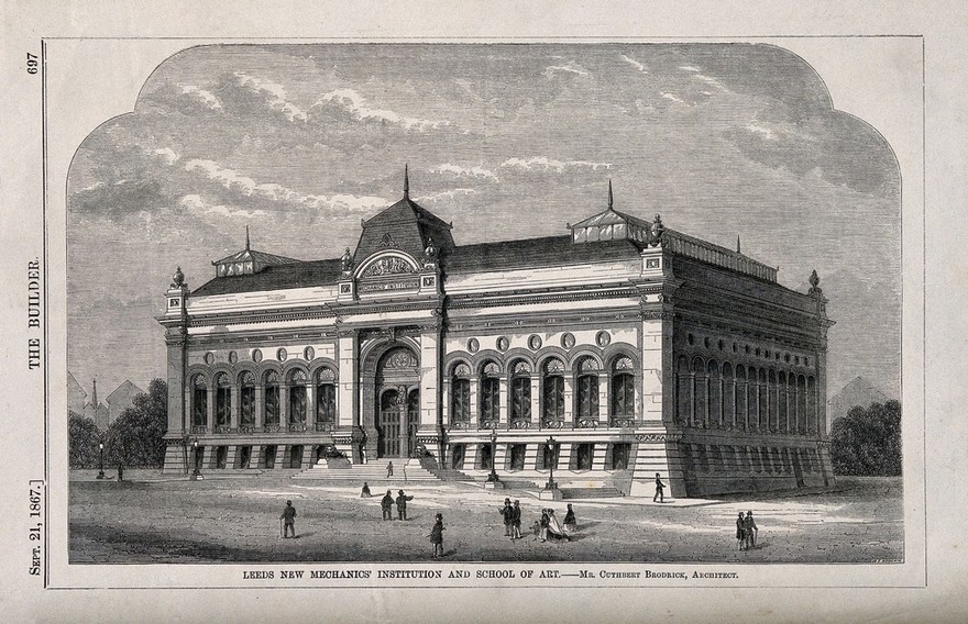 Leeds New Mechanics' Institution and School of Art, Leeds, Yorkshire. Wood engraving by W.E. Hodgkin, 1867, after C. Brodrick.
