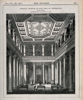 Imperial Museum of Fine Arts, St. Petersburg, Russia: interior. Wood engraving by C. D. Laing, 1851, after L. von Klenze.