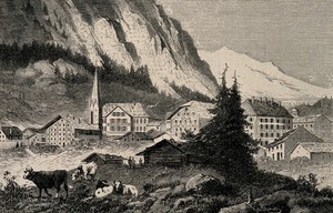 view Leuk Spa, Switzerland. Wood engraving by R. Alsmus.