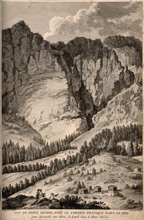 Leuk Spa, Switzerland: mount Gemmi. Etching by I.S. Helman after J.J.F. le Barbier.