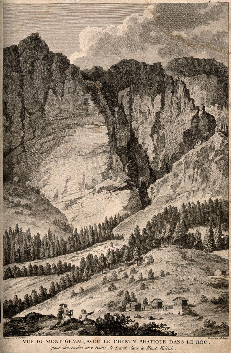 Leuk Spa, Switzerland: mount Gemmi. Etching by I.S. Helman after J.J.F. le Barbier., 1784, by Jean-Jacques-François Le Barbier