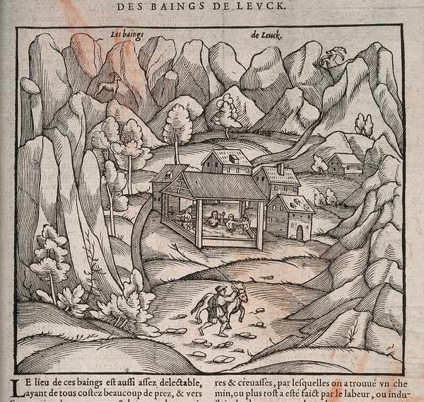 The Baths of Leuk, Switzerland. Woodcut.