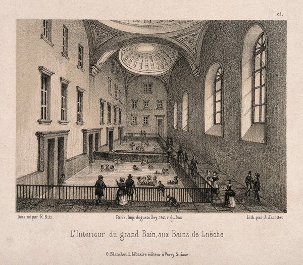 The Baths of Leuk, Leuk, Switzerland: interior. Lithograph by J. Jacottet after R. Ritz.
