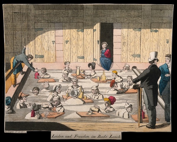 Leuk Baths, Leuk, Switzerland: interior. Coloured etching by P.C. Geissler after himself.