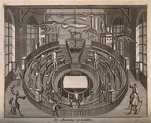 view Anatomy Theatre, Leiden, the Netherlands. Line engraving.