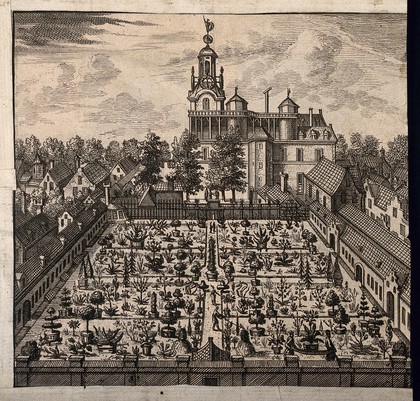 Leiden, the Netherlands: the University, Anatomy theatre, Botanic garden, Lakenhal, city and two portraits of Counts. Line engraving.