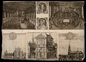 view Leiden, the Netherlands: the anatomy theatre, interior of a church, town weighing establishment and portraits. Line engraving.
