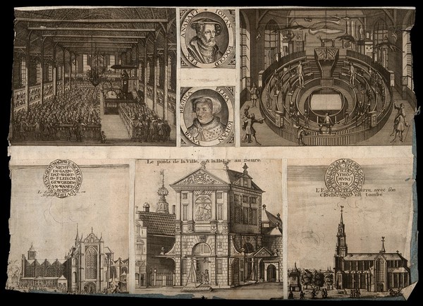 Leiden, the Netherlands: the anatomy theatre, interior of a church, town weighing establishment and portraits. Line engraving.