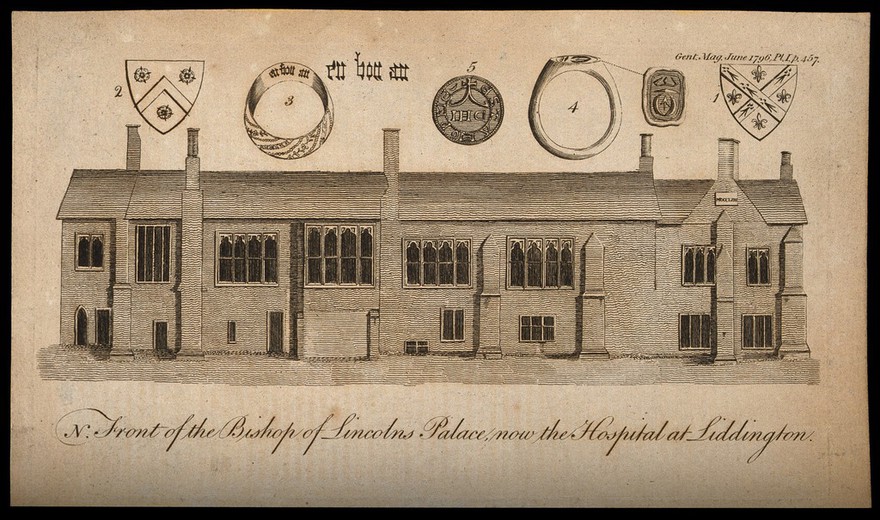 Hospital, Liddington, Rutland, England: with coats of arms, seals and signet rings. Line engraving.