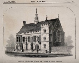 view Limerick Protestant Orphan Hall, Limerick, Ireland. Wood engraving after W. Fogerty, 1856.