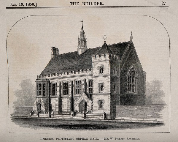 Limerick Protestant Orphan Hall, Limerick, Ireland. Wood engraving after W. Fogerty, 1856.
