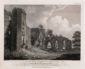 view Lincluden Abbey, Dumfries, Scotland. Line engraving by W. Byrne and T. Medland , 1782, after T. Hearne.