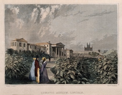 Lunatic Asylum, Lincoln. Coloured line engraving by W. Watkins, 1835, after J. Livesey.