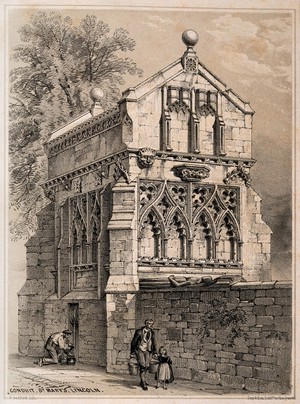 view A water conduit, St. Mary's, Lincoln, England. Tinted lithograph by F. Bedford.