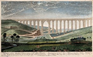 view Aqueduct, Lisbon, Portugal: panoramic view over the Valley of Alcantra. Coloured line engraving by T. Bowles after R. Black.