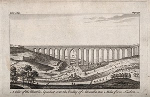 view Aqueduct, Lisbon, Portugal: overlooking the Valley of Alcantra. Line engraving, 1751.