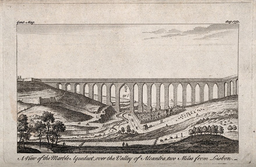 Aqueduct, Lisbon, Portugal: overlooking the Valley of Alcantra. Line engraving, 1751.