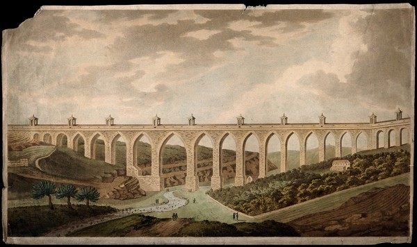 Aqueduct, Lisbon, Portugal: panoramic view. Coloured aquatint.