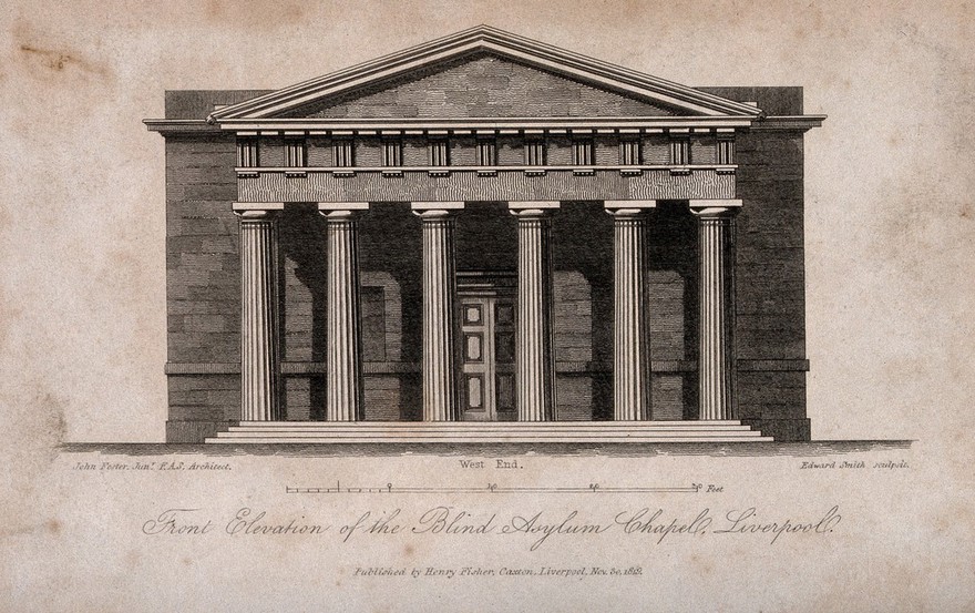 Blind Asylum Chapel, Liverpool, Merseyside: with scale. Line engraving by E. Smith, 1819, after J. Fisher junior.
