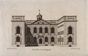 view Blue Coat Hospital, Liverpool, Merseyside. Line engraving by E. Rooker after P.P. Burdett.