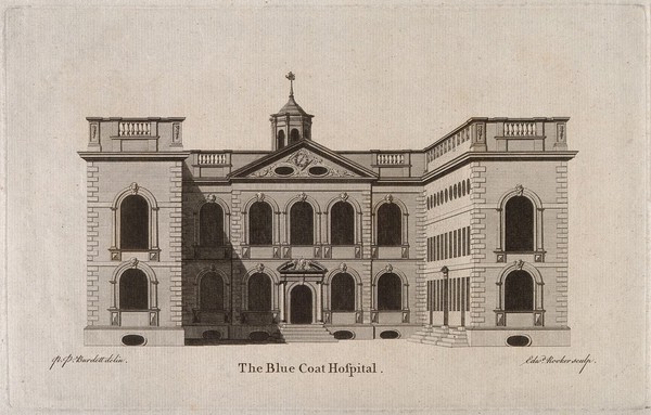 Blue Coat Hospital, Liverpool, Merseyside. Line engraving by E. Rooker after P.P. Burdett.