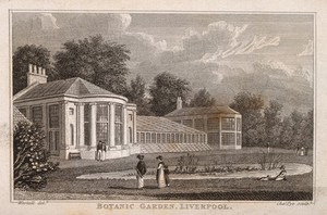 view Botanic Gardens, Liverpool, Merseyside. Line engraving by C. Pye after W. Westall.