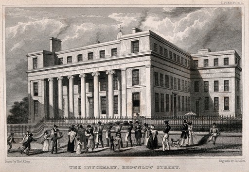 Infirmary, Liverpool, Merseyside: a patient being carried on a stretcher along Brownlow Street. Line engraving by J.B. Allen after T. Allom.