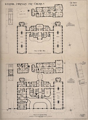 view Children's Infirmary, Liverpool, Merseyside: floor plans. Photolithograph by Sprague & Co. after Haich & Thompson.