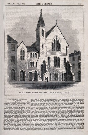 St Augustine's National Schools, Salisbury Street, Liverpool. Wood engraving 1853, after H.P. Horner.