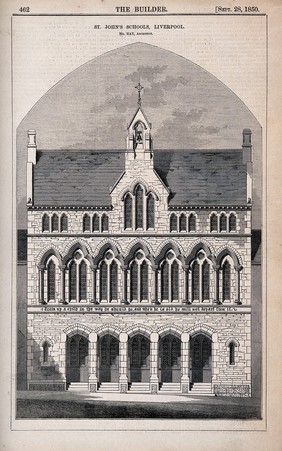 St. John's Schools, Liverpool, Merseyside. Wood engraving by Laing, 1850, after B. Sly after Hay.