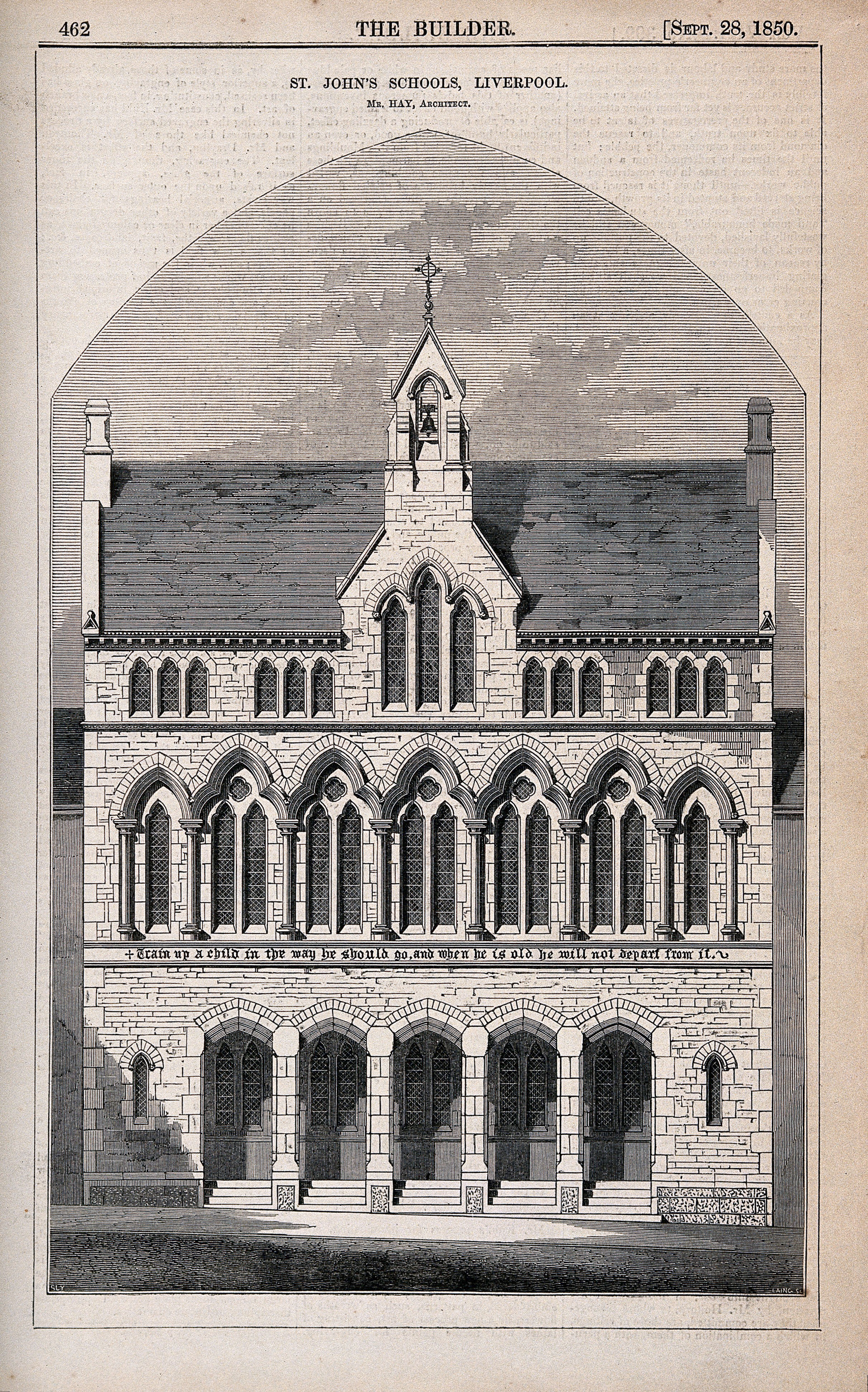 St. John's Schools, Liverpool, Merseyside. Wood engraving by Laing, 1850, after B. Sly after Hay.